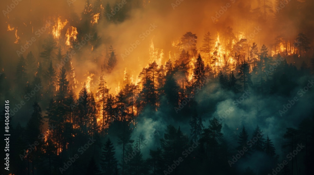 A forest on fire with thick smoke filling the air, representing the increasing frequency and intensity of wildfires due to global warming A forest on fire with thick smoke filling the air, representing the increasing frequency and intensity of wildfires due to global warming