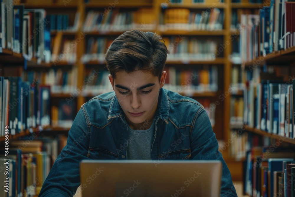 Handsome Male Student With Laptop no Brand Laptop on the back and Books Working in a High School Library Handsome Male Student With Laptop no Brand Laptop on the back and Books Working in a High School Library