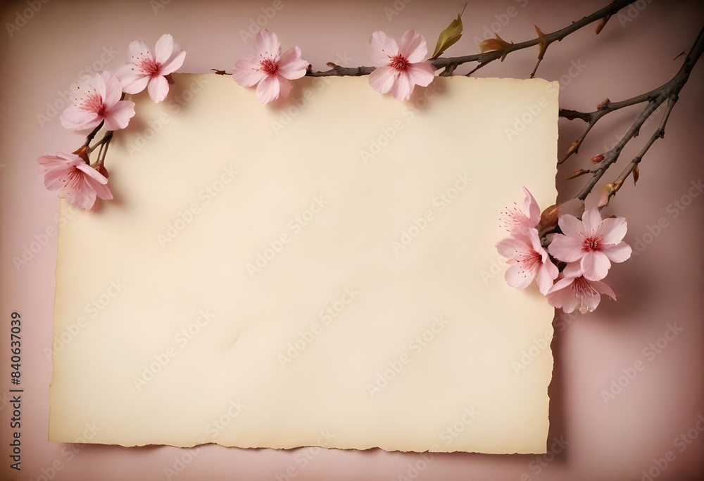 A vintage-style image of a blank paper or parchment with delicate pink blossoms in the background, creating a romantic and ethereal atmosphere
