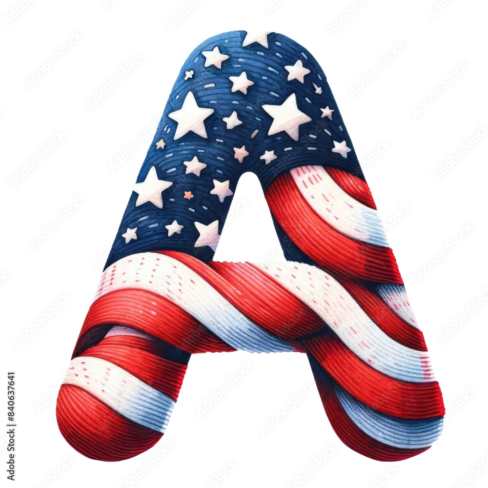 Obraz premium 3D letter A wrapped in American flag design with stars and stripes, Transparent background