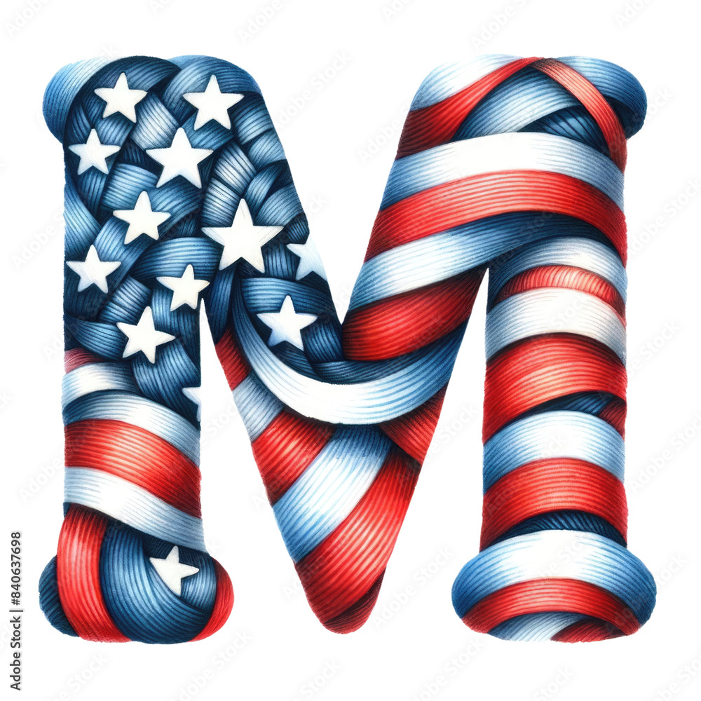 Fototapeta premium 3D letter M wrapped in American flag design with stars and stripes, Transparent background