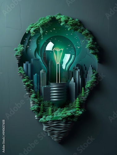 3d Paper cut of light bulb with green eco city             renewab concept generative ai illustration photo