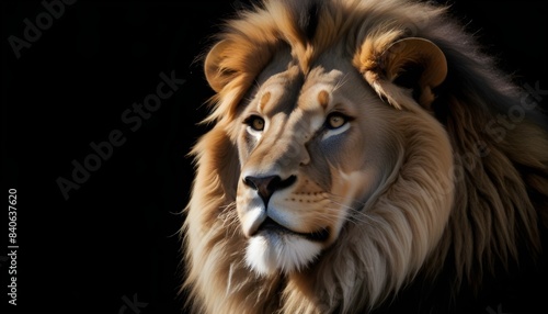 A majestic male lion with a large  full mane against a dark background