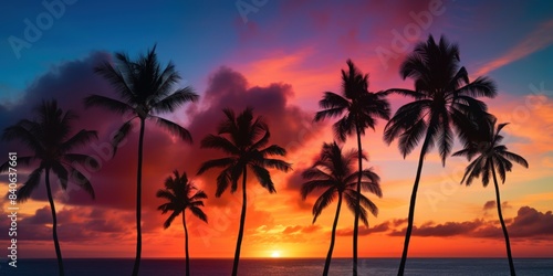 Tropical Ocean Sunset Silhouettes Palm Trees Against Sky. Exotic Island Dusk. Generative AI