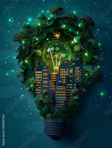 3d Paper cut of light bulb with green eco city             renewab concept generative ai illustration photo