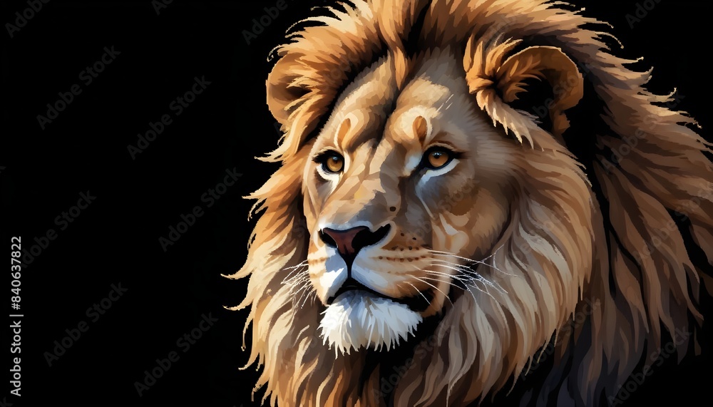 A majestic male lion with a large, full mane against a dark background