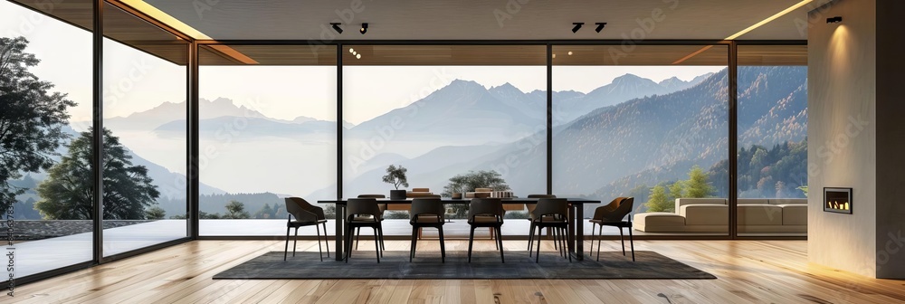 Fototapeta premium Wooden floor, black table and chairs, beige dining room, window with mountain view.