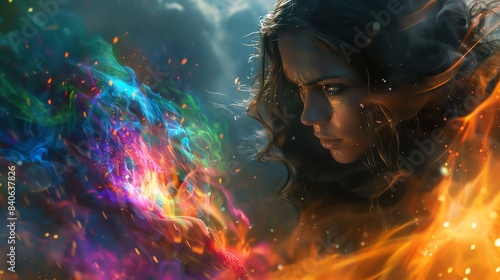 A powerful sorceress casting a spell, with colorful magical energy swirling around her hands.