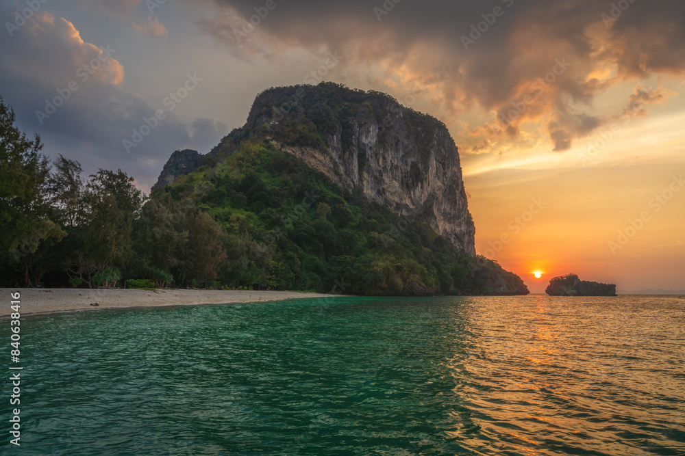 sunset at the beach on tropical island ko poda in thailand