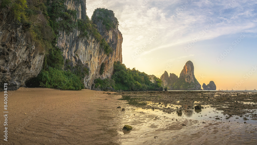 sunset at tonsai beach on tropical island railay in krabi in thailand