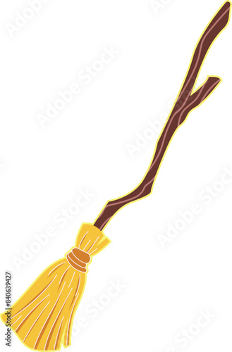 Whimsical cartoon witch flying on a magical broomstick illustration for halloween and autumn seasonal decoration, isolated vector design with wooden handle, sorcery, and witchcraft folklore elements