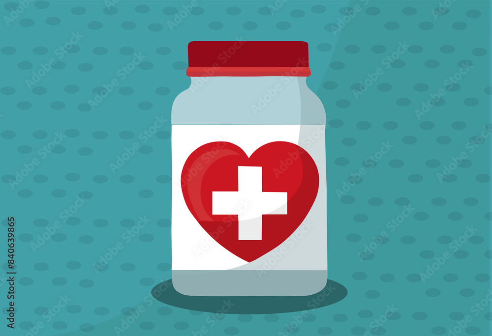 Obraz premium Health kit, Heart, Medicine pote - Vector illustration of a medicine pote colorful 