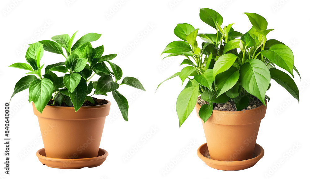 Two potted plants of green leaves isolated on transparent or white background Two potted plants of green leaves isolated on transparent or white background
