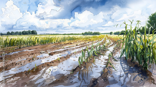 Watercolor illustration of a flooded field demolishing young crops and affecting agricultural productivity 
