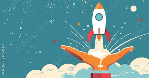 Empowering Startup Growth: Rocket Launching from Hand Illustration
