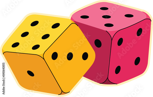 Vibrant and colorful dice vector illustration with yellow and pink dots isolated on a white background, perfect for board games, gambling, and casino entertainment