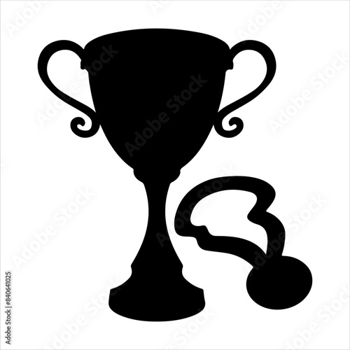 Gold trophy with medal silhouette isolated on white background. Gold trophy icon vector illustration design. photo