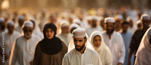 Obraz na płótnie A crowd of people dressed in white gather during the Eid al Adha feast celebration. The men wear traditional headwear and the women are veiled. A bearded man with a distinctive white turban is in the w salonie