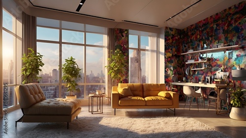 Granater AI  A vibrant living room with colorful walls and a spacious window offering ample natural light.