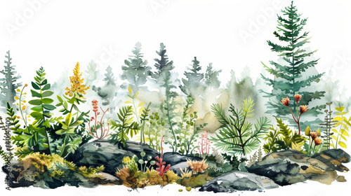 Watercolor illustration of an invasive species overtaking native plants and disrupting local ecosystems 