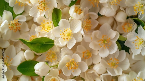 close up of white and yellow flowers, top view of bouquet arranged of mock orange flowers