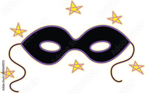 Festive and vibrant masquerade mask illustration with stars, sparkles, and a colorful design for a carnival party or elegant gala event