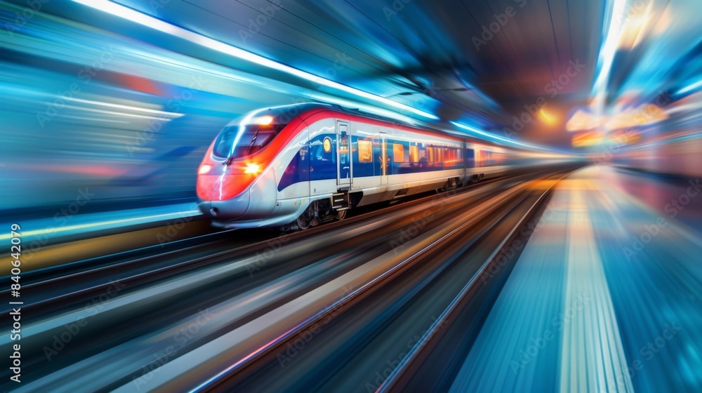 A high-speed train moving at full speed with motion blur, conveying the sense of rapid movement and efficiency A high-speed train moving at full speed with motion blur, conveying the sense of rapid movement and efficiency