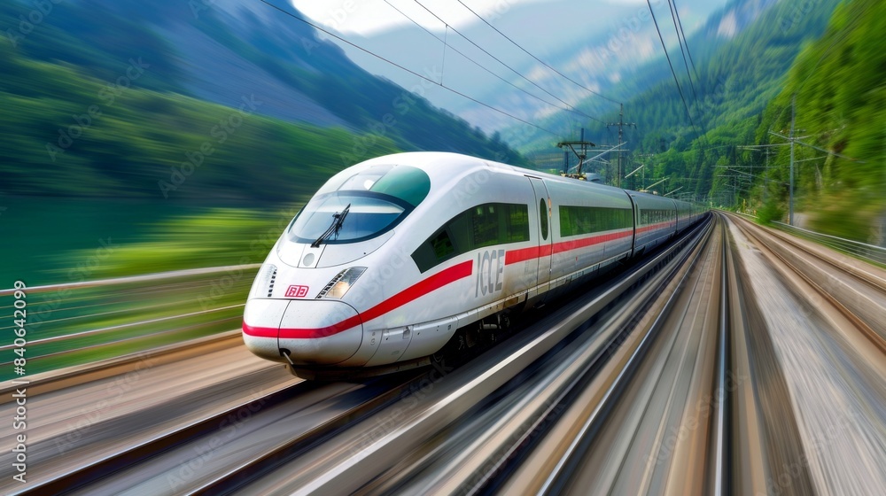 Fototapeta premium A high-speed train moving at full speed with motion blur, conveying the sense of rapid movement and efficiency