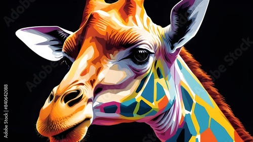 Vector illustration of a pop art style with cute giraffe on an isolated black background.