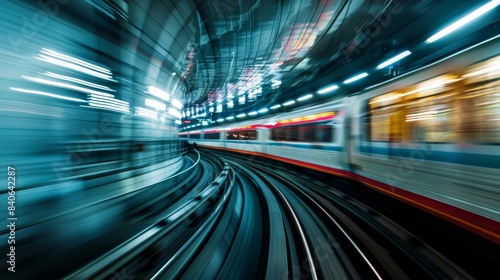 A high-speed train moving at full speed with motion blur, conveying the sense of rapid movement and efficiency