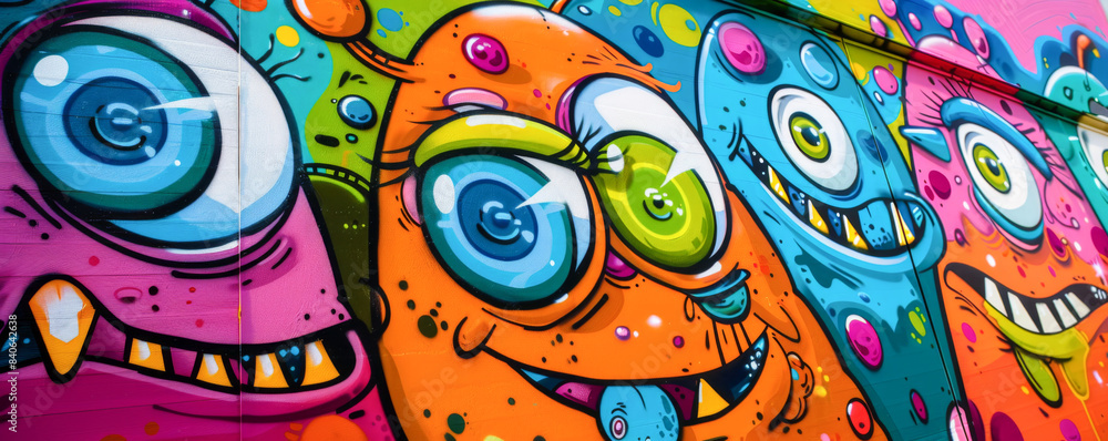 Colorful monster faces in street art graffiti, vibrant urban wall mural Colorful monster faces in street art graffiti, vibrant urban wall mural