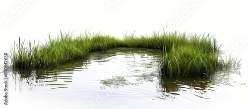 3d Realistic swamp grass on water. isolated white background, detailed illustrations, creative commons attribution, magewave, simplified color style. Isolated in the center of an island with marshes, 