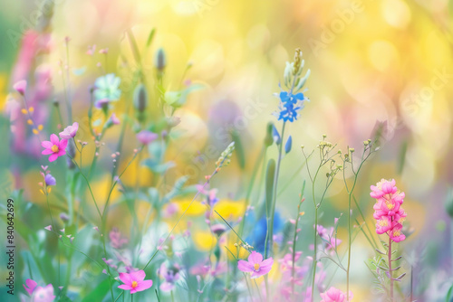 Beautiful idyllic flower meadow with different blooming flowers and grass close up