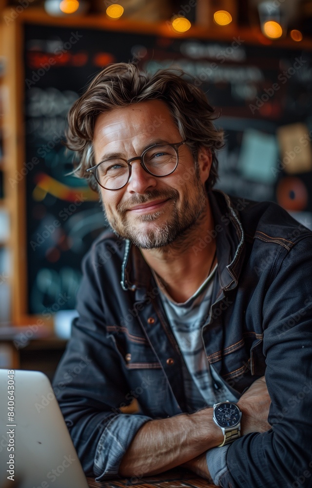 Smiling teacher wearing glasses sits at a desk with a laptop in front of a blackboard Smiling teacher wearing glasses sits at a desk with a laptop in front of a blackboard