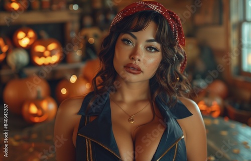 Beautiful, plump woman in a dark blue stewardess minidress with gold zippers and red bandana at Halloween party photo