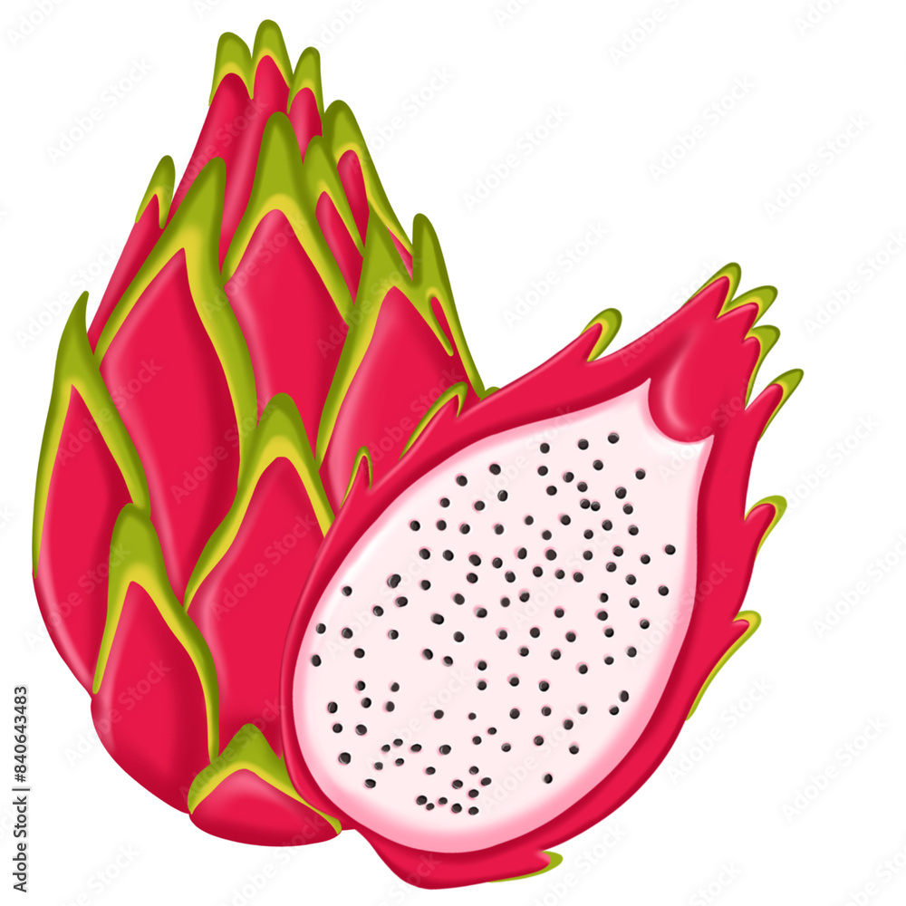 cut half and whole dragon fruit, Summer tropical fruit, cartoon icon. illustration sketch isolated on transparent background cut half and whole dragon fruit, Summer tropical fruit, cartoon icon. illustration sketch isolated on transparent background