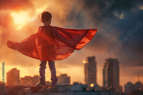 Portrait of a little boy dressed as a superhero, his cape billowing behind him as he strikes a heroic pose, against a dynamic comic book-style backdrop, embodying dreams of bravery