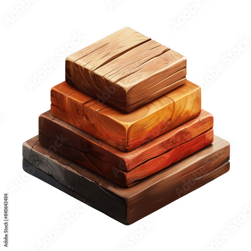 Stack of natural wooden blocks in different sizes and shades on white background, showcasing texture and grain. photo