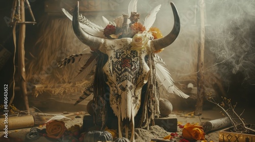 Bohemian decor featuring a skull adorned with vibrant flowers and feathers, set in a mystical, rustic ambiance.