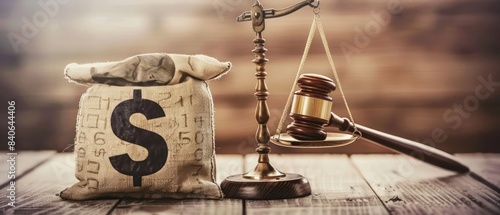 A bag of money with a dollar sign placed on one side of a scale, balanced against a judges gavel on the other side, illustrating the concept of legal influence and corruption photo