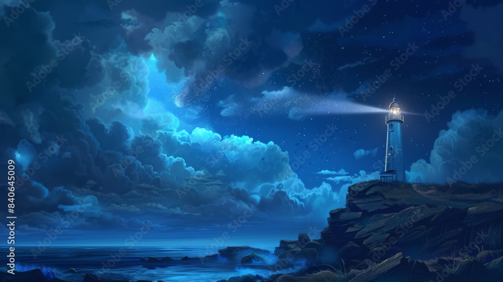 A lighthouse on a rocky coastline with its beam of light cutting through the night sky, guiding ships safely home A lighthouse on a rocky coastline with its beam of light cutting through the night sky, guiding ships safely home