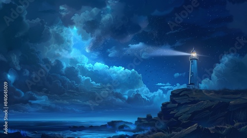 A lighthouse on a rocky coastline with its beam of light cutting through the night sky  guiding ships safely home