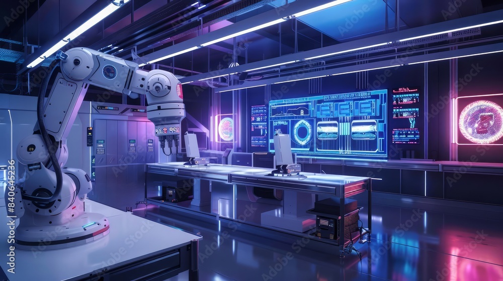 Fototapeta premium A cuttingedge research facility filled with advanced robotics and virtual reality simulations