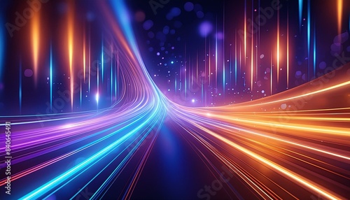 Abstract background with neon sparkle lines and defocused lights in blue, orange and purple color