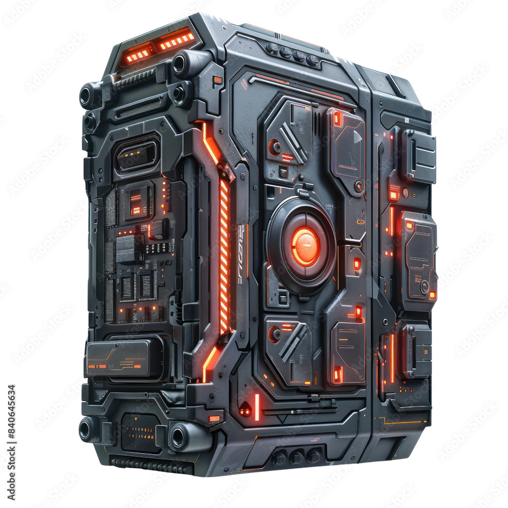 Fototapeta premium Futuristic sci-fi tech device with intricate details, glowing red lights, and a sleek cyberpunk design suitable for technology themes.