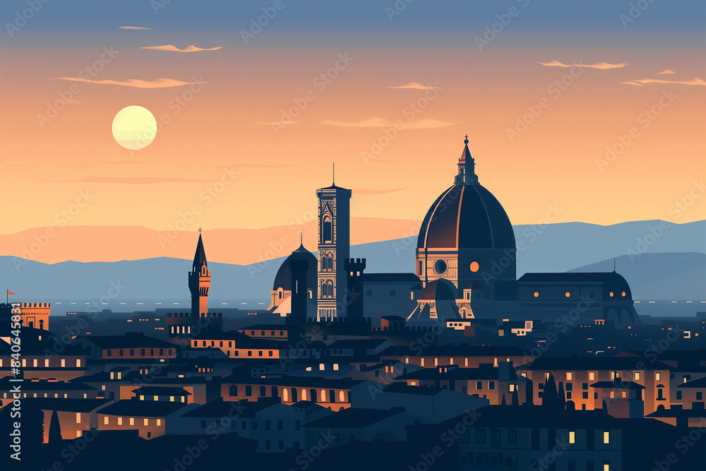 Fototapeta premium City Silhouette at Dusk, Florence Silhouette, Italy City, Sunset over the city