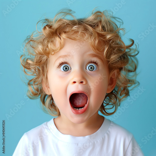 A close-up photo of a child with wide eyes and a gasp escaping their lips, expressing excitement against a calming pastel blue background