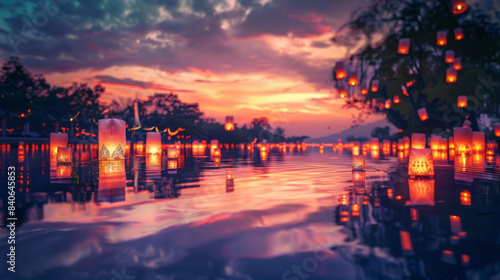 A beautiful image of hundreds of lanterns with peace messages floating on a river during twilight