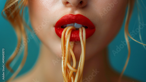 A striking close-up of a woman's mouth with vibrant red lipstick, sensually biting into spaghetti. The image highlights the contrast between the bold red lips.