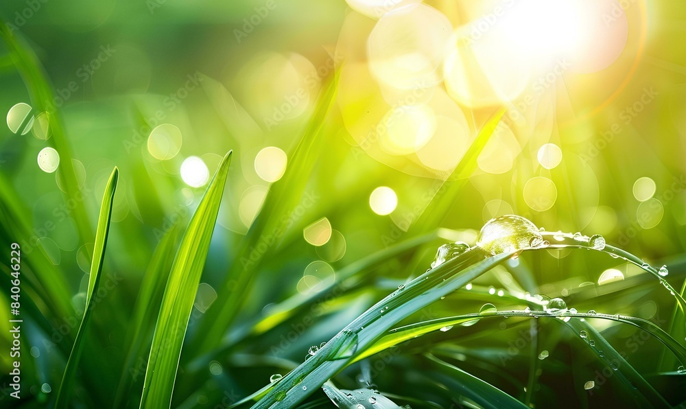 Obraz premium Beautiful water drop on a green grass leaf close up. Background with copy space for your text, banner design. Beautiful natural background. Spring or summer concept. Soft blurred light natural colors